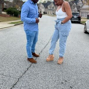 One Piece White Tank Top with Blue Denim Cargo Pants